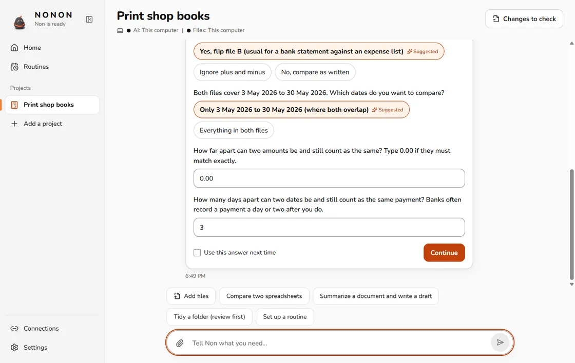 Non asks a few questions before comparing, such as which dates to use and how many days apart two payments can be, each with a suggested answer.